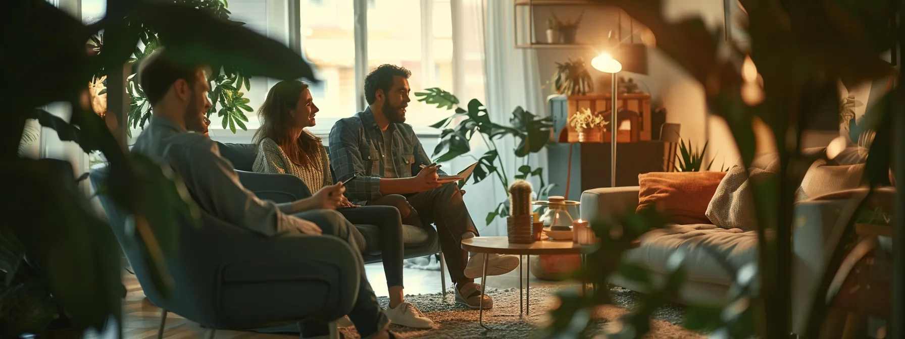 a couple discussing plans with their housing agent in a cozy living room setting.