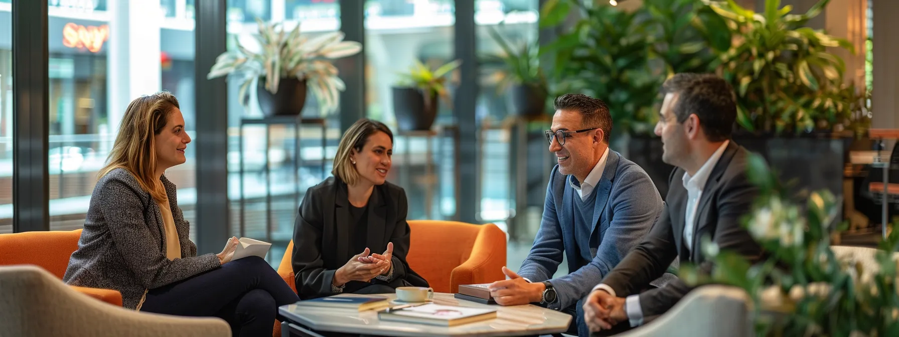 a group of people discussing property listings and market trends in a modern office setting.