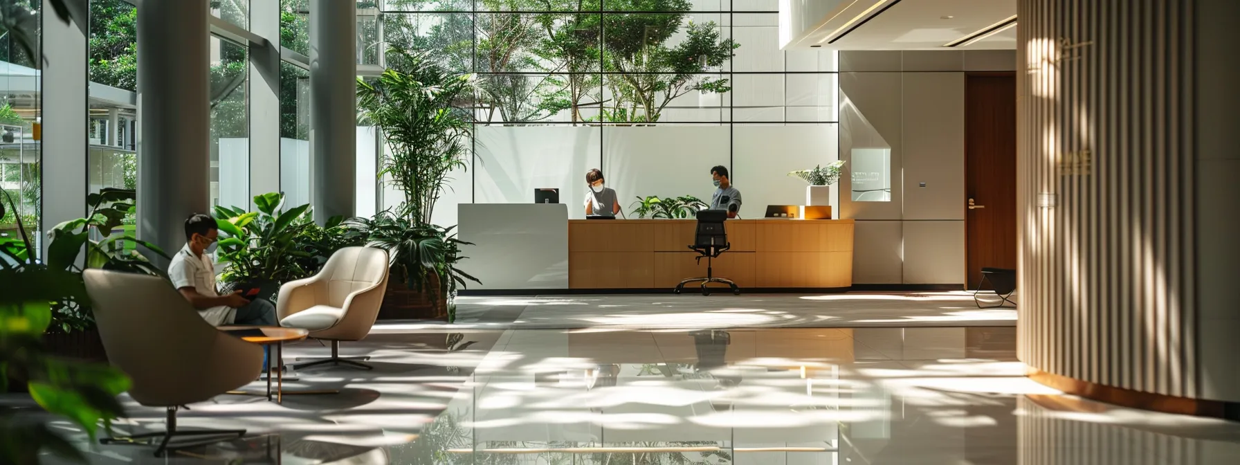 a person meeting with a rental agent in a modern office setting in singapore.