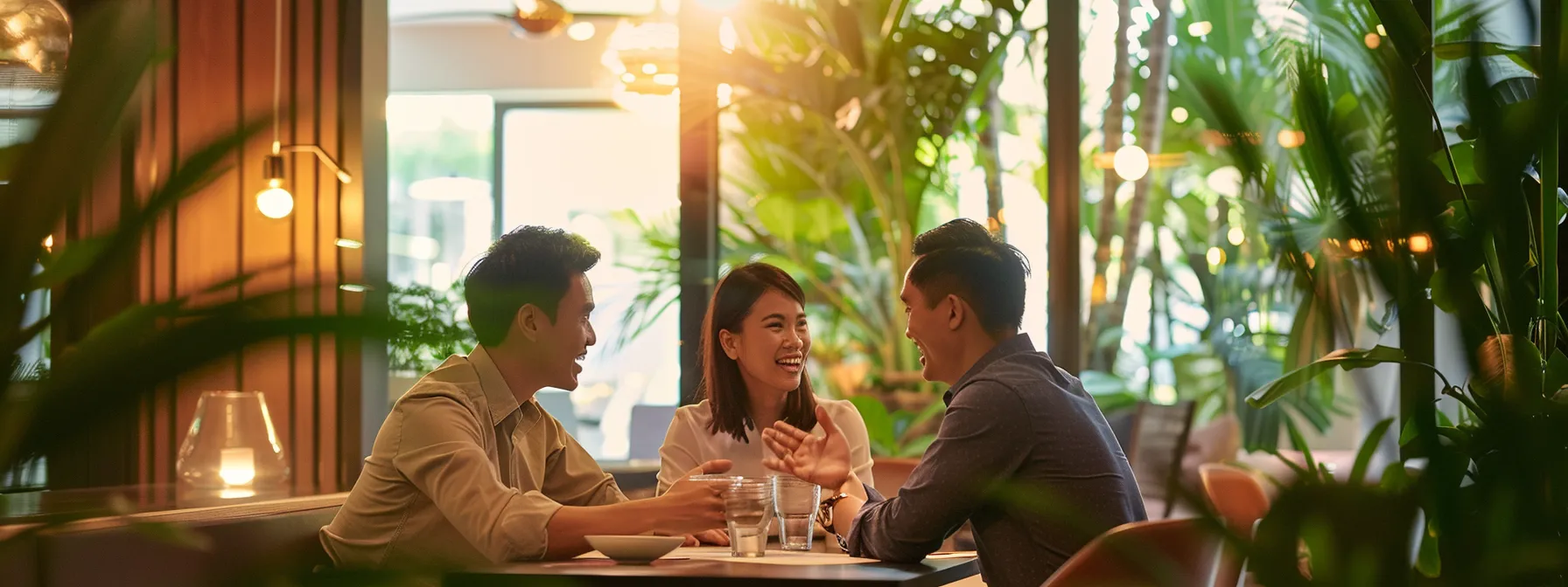 a couple sitting at a table with a housing agent in singapore, asking questions and discussing their property needs.