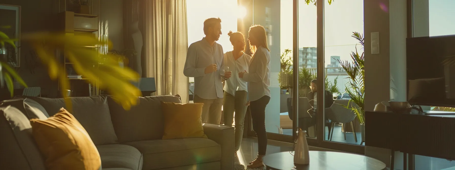 a couple discussing with a real estate agent in a modern apartment.