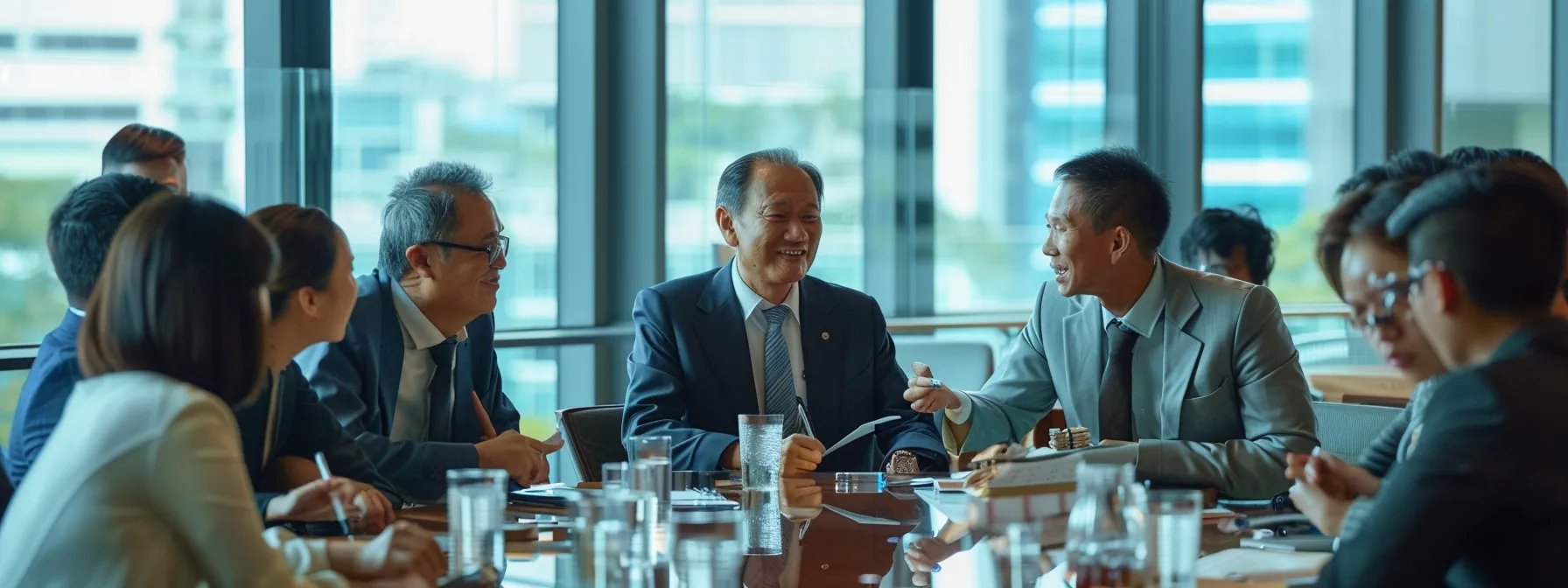 a group of diverse international investors meeting with singapore property agencies in a modern office setting.