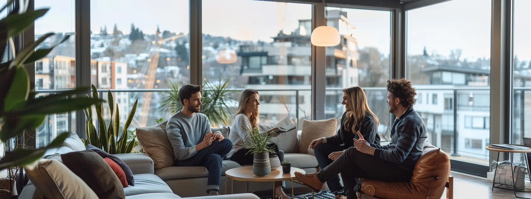 a real estate agent discussing property details with a couple in a modern condo.