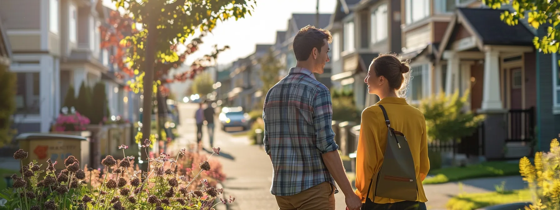 a real estate agent showing a couple various properties in a vibrant city neighborhood.