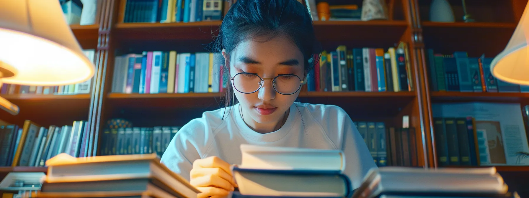 a focused student studying diligently with a stack of real estate textbooks and course materials in a well-lit study room.