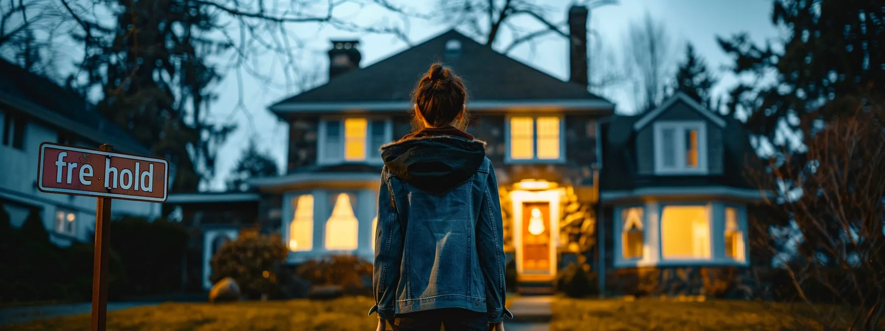 a person confidently standing in front of a house with a "freehold" sign, symbolizing independence and ownership.