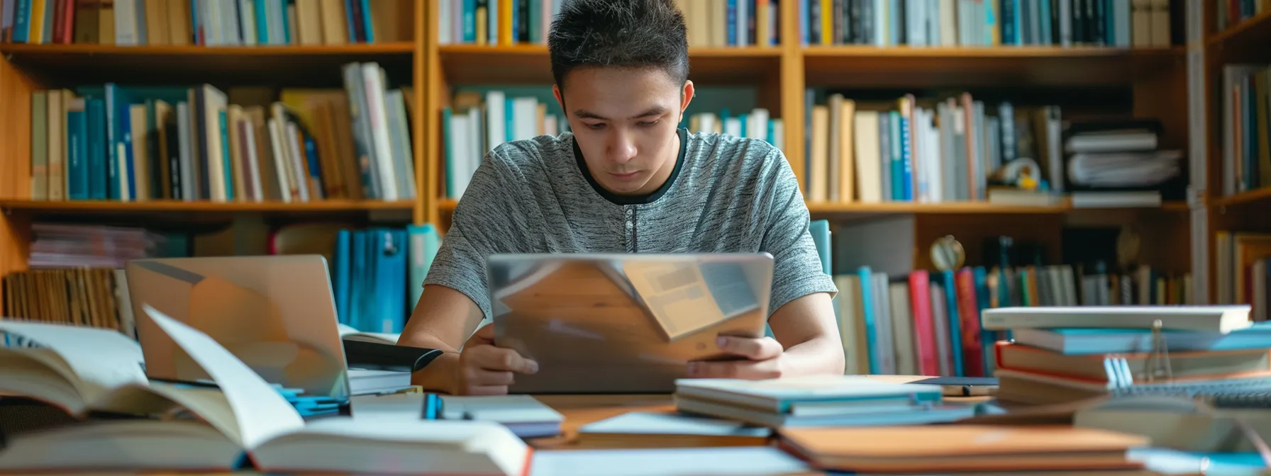 a person studying diligently with textbooks and a laptop, surrounded by real estate books and documents, showcasing dedication to meeting the requirements to start their real estate career in singapore.