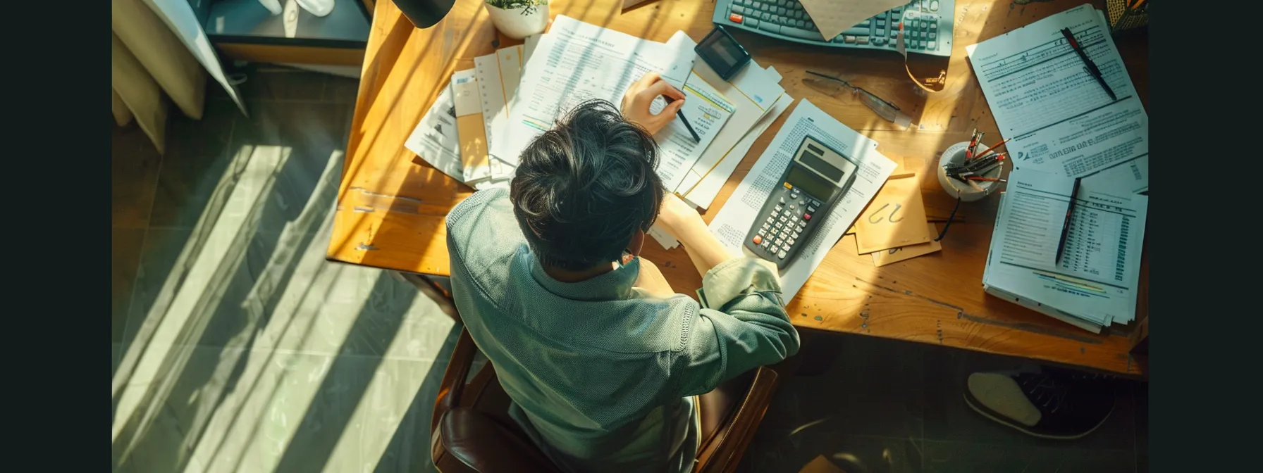 a person sitting at a desk, surrounded by financial documents and calculators, carefully calculating their loan-to-value ratio for an ec downpayment financing option.