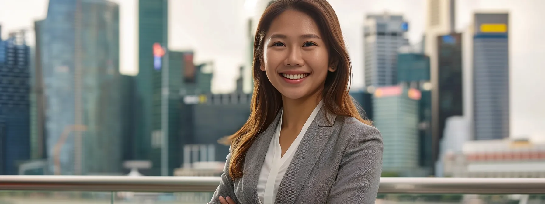 a smiling real estate agent standing confidently in front of a modern city skyline in singapore, holding a set of keys.