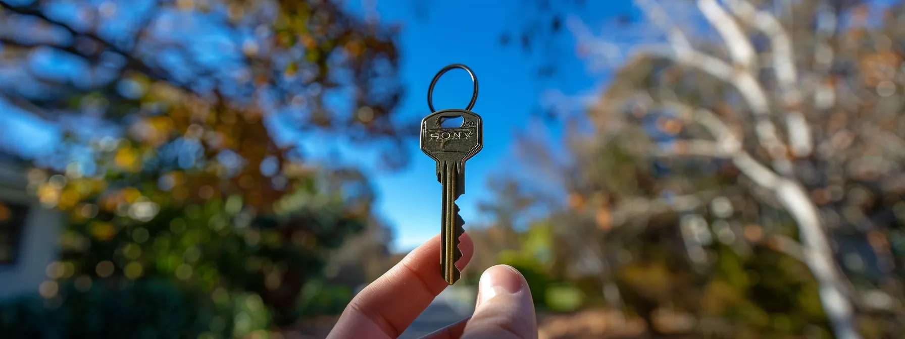 a photo of a person holding the key to a beautiful freehold property with a clear blue sky in the background.