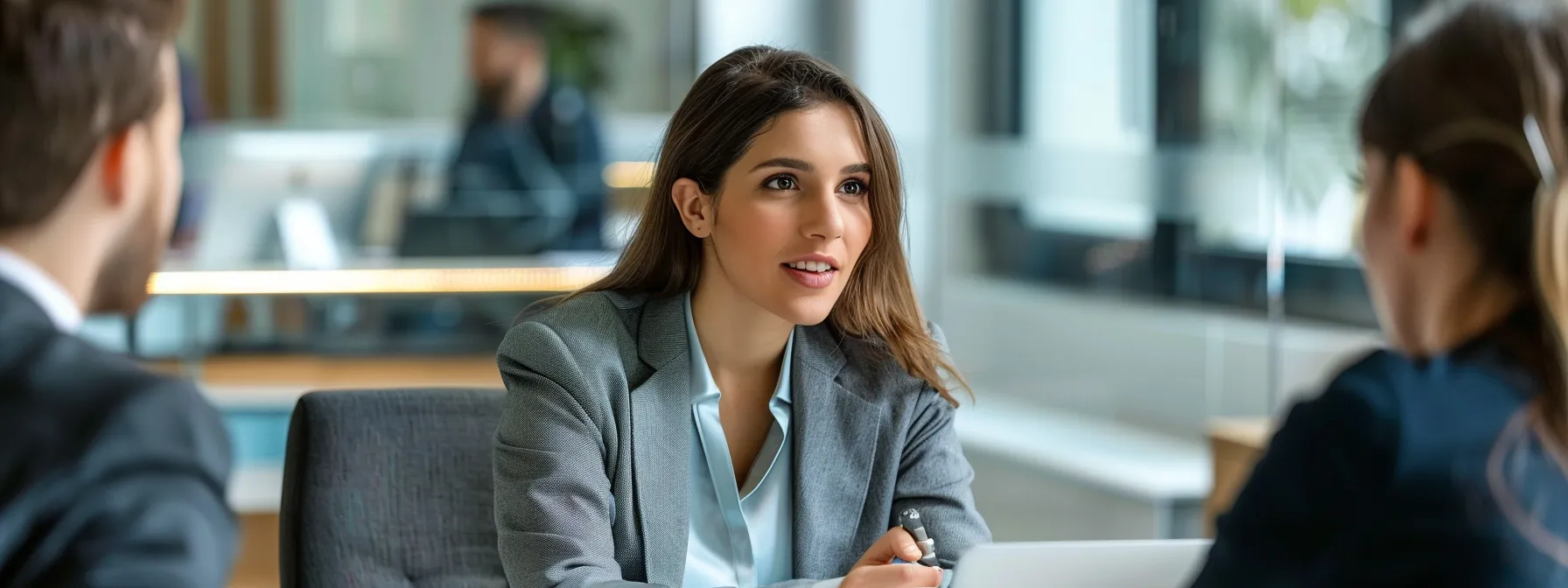 a real estate agent confidently discussing property plans with clients in a sleek, modern office setting.