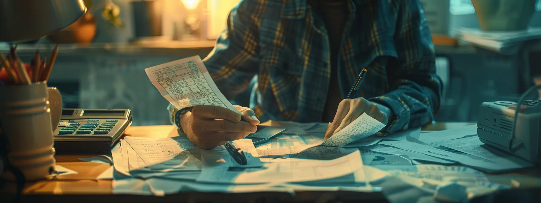 a person carefully calculating their budget and savings plan at a desk cluttered with financial documents.