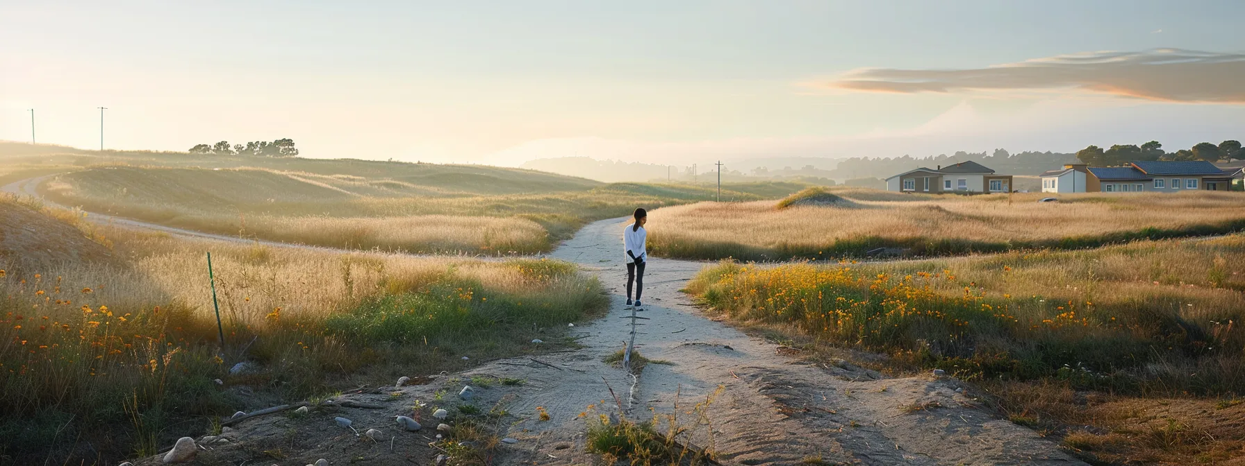 a person standing at a crossroads, with one path leading to a modern freehold property and the other to a traditional leasehold property, contemplating investment goals and financial capacity.