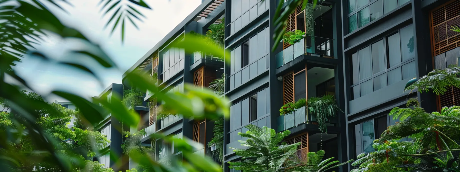 a modern executive condominium facade with sleek architecture and lush landscaping, symbolizing the unique blend of public and private ownership in singapore.