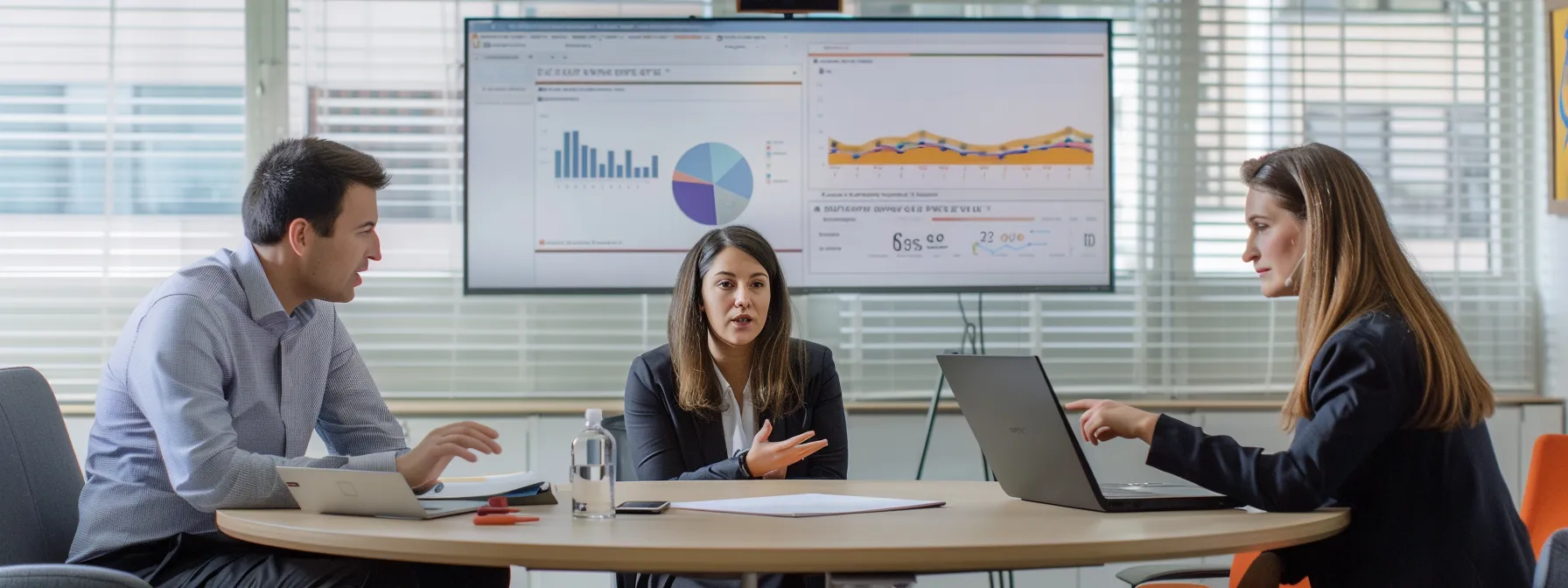 a young couple discussing property options with a real estate agent in a modern office setting, surrounded by charts and graphs.