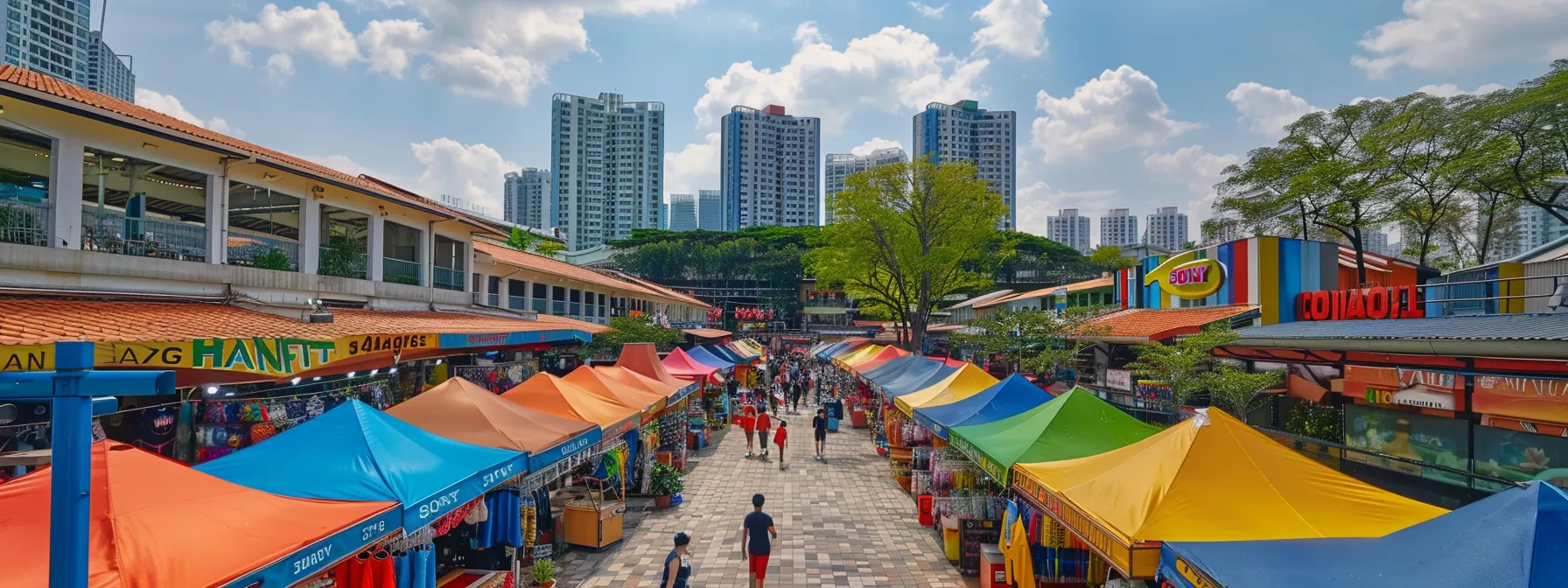 a bustling marketplace with colorful stalls and diverse offerings, surrounded by green parks and modern buildings, showcasing the vibrant amenities and facilities available near a tampines executive condo.