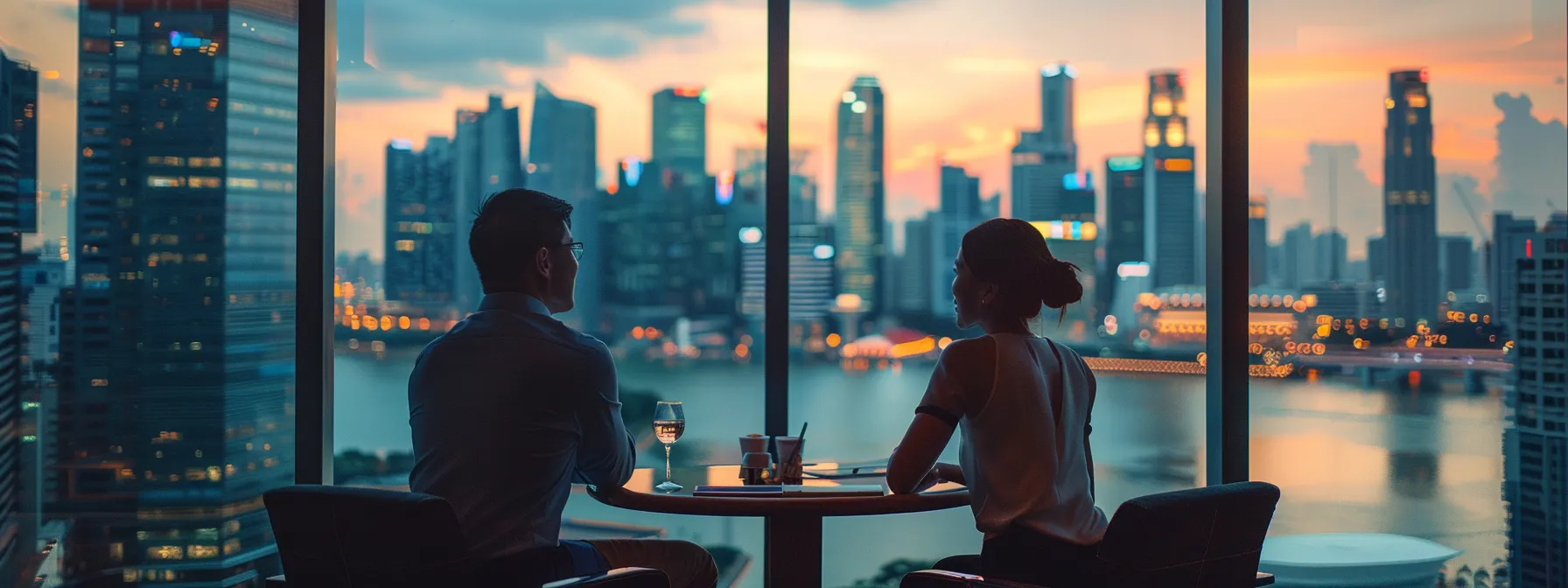 a couple discussing property plans by a window, with a view of singapore's skyline in the background.