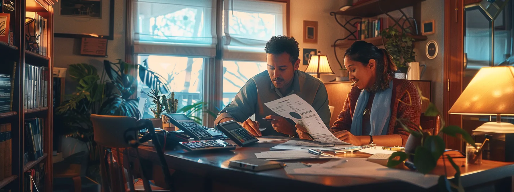 a couple reviewing financial documents together at a cozy home office, surrounded by calculators and budgeting charts.