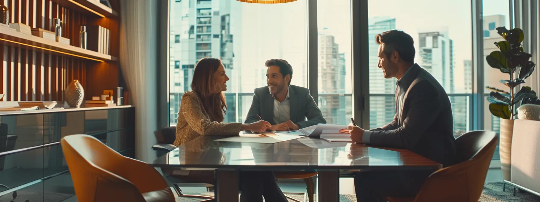 a couple sitting at a sleek, modern office desk with a professional real estate agent, reviewing paperwork and discussing property details.