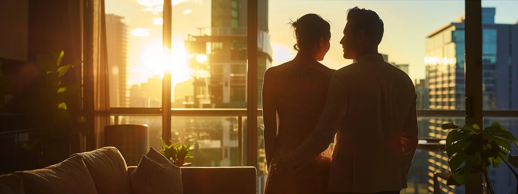 a couple standing between a luxurious private condo and an elegant executive condo, contemplating their future plans.