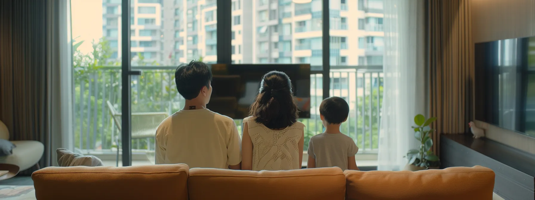 a diverse family of four happily inspecting a modern executive condominium unit in singapore, showcasing eligibility criteria and potential future home ownership.