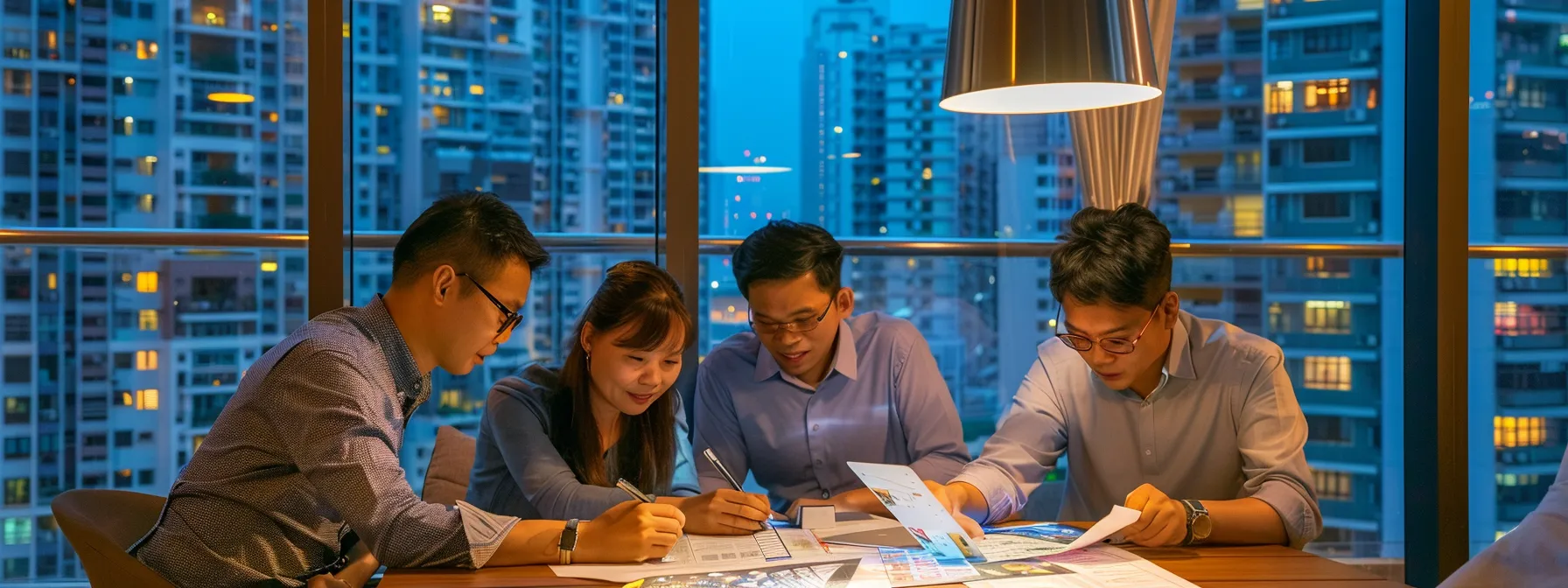 a diverse group of people studying a detailed chart showing eligibility and ownership restrictions for private and executive condos in singapore.