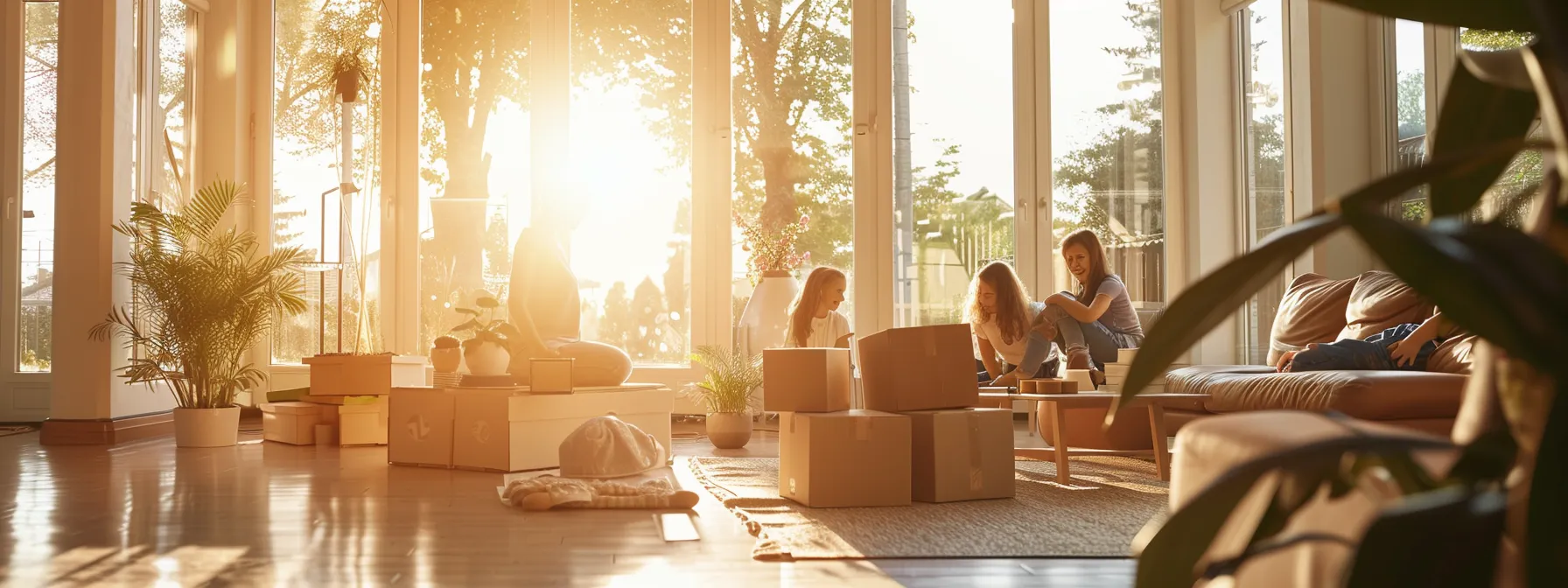 a family happily unpacking boxes in a modern, spacious ec living room, with sunlight streaming through large windows.