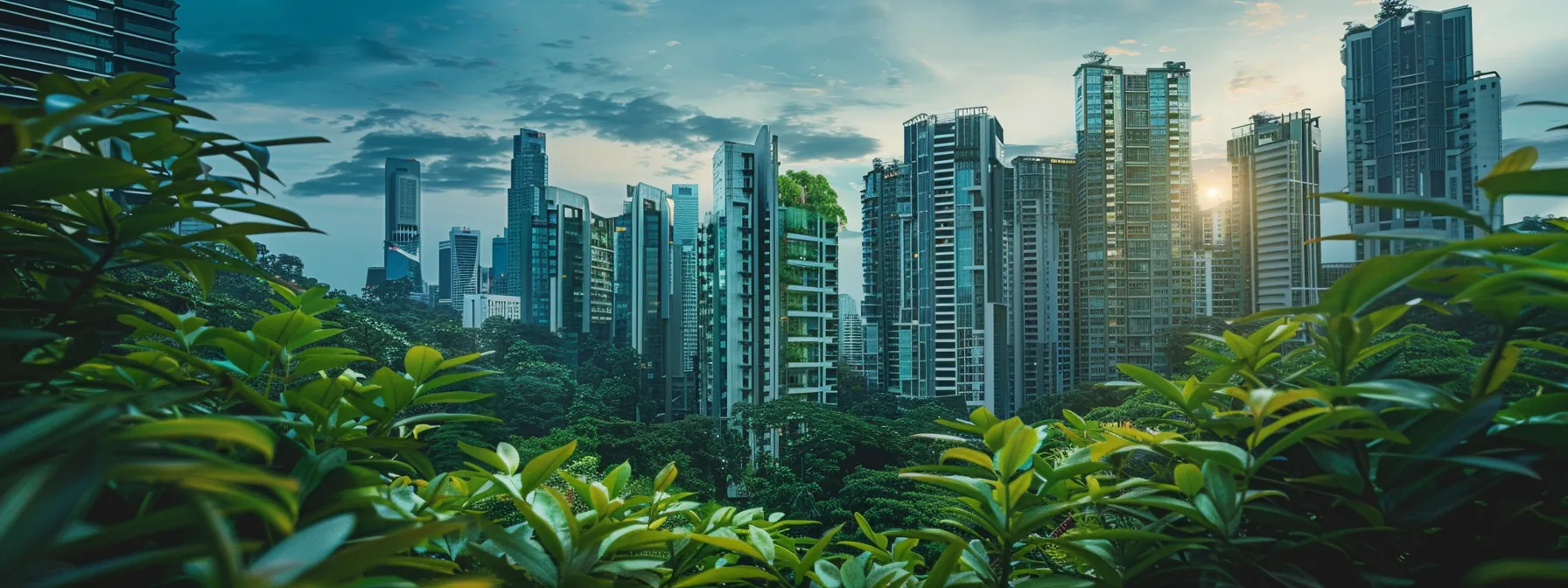 a futuristic cityscape featuring sleek skyscrapers seamlessly blending with lush greenery and advanced technology, showcasing the vision of the punggol digital district.