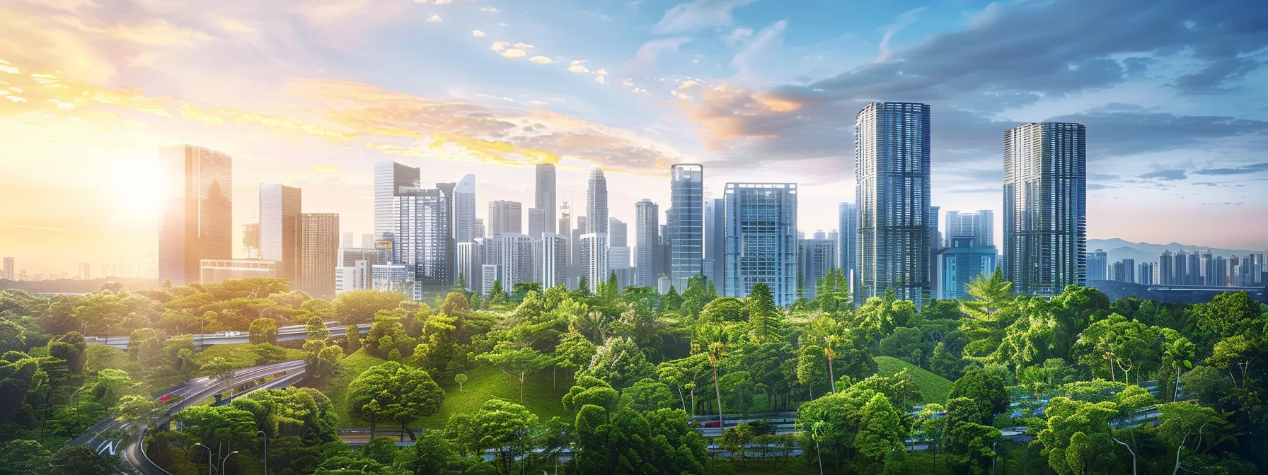 a futuristic skyline with sleek modern buildings surrounded by greenery, symbolizing the emerging tech and innovation roles at punggol digital district.