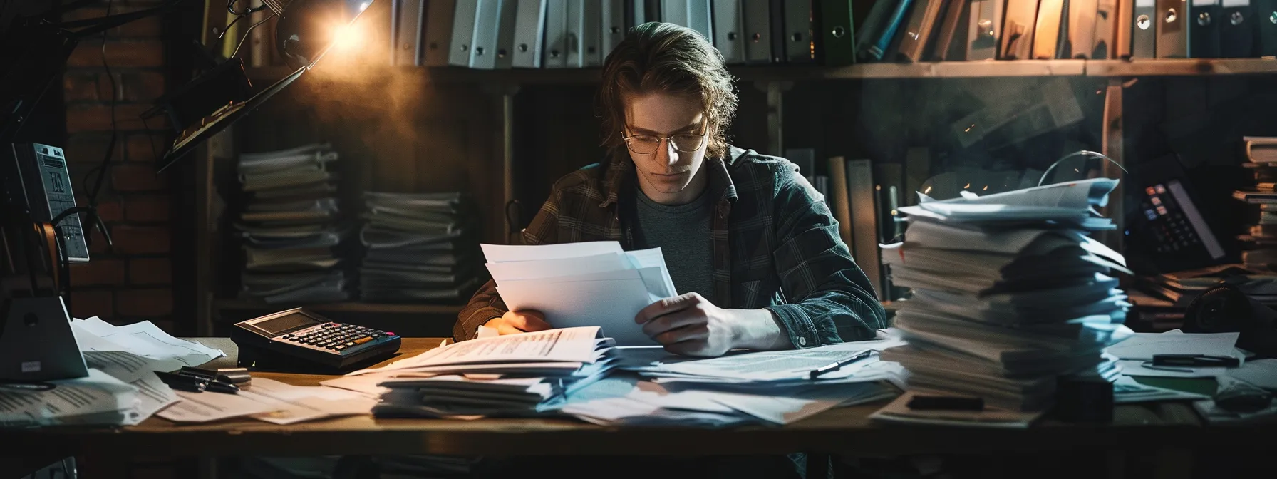 a person reviewing a stack of paperwork with a determined expression, surrounded by calculators, documents, and legal contracts.