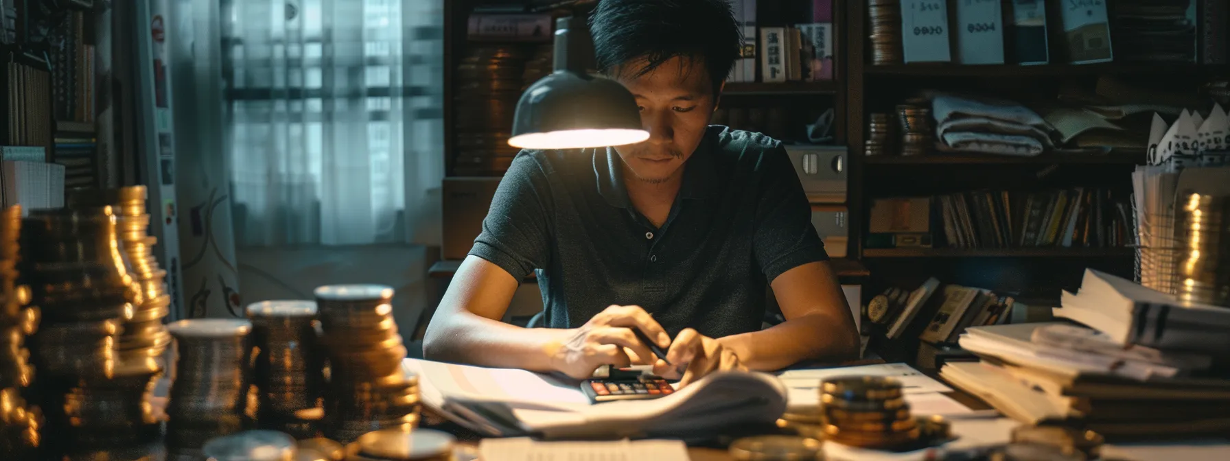 a person surrounded by stacks of coins, a calculator, and paperwork, carefully planning their finances for upgrading from an hdb flat to an ec.