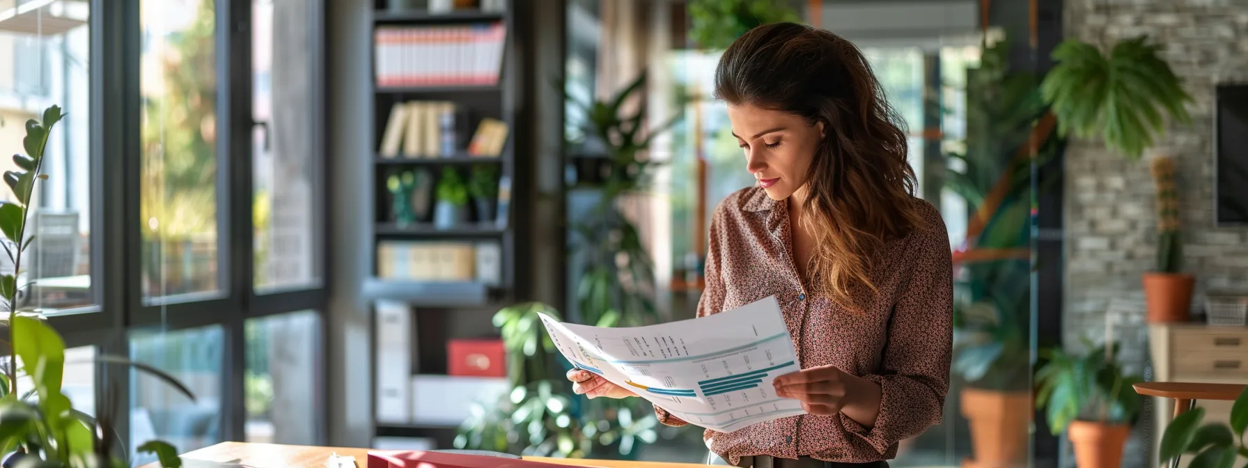 a real estate agent carefully comparing market analysis charts to set a competitive asking price in a modern office setting.