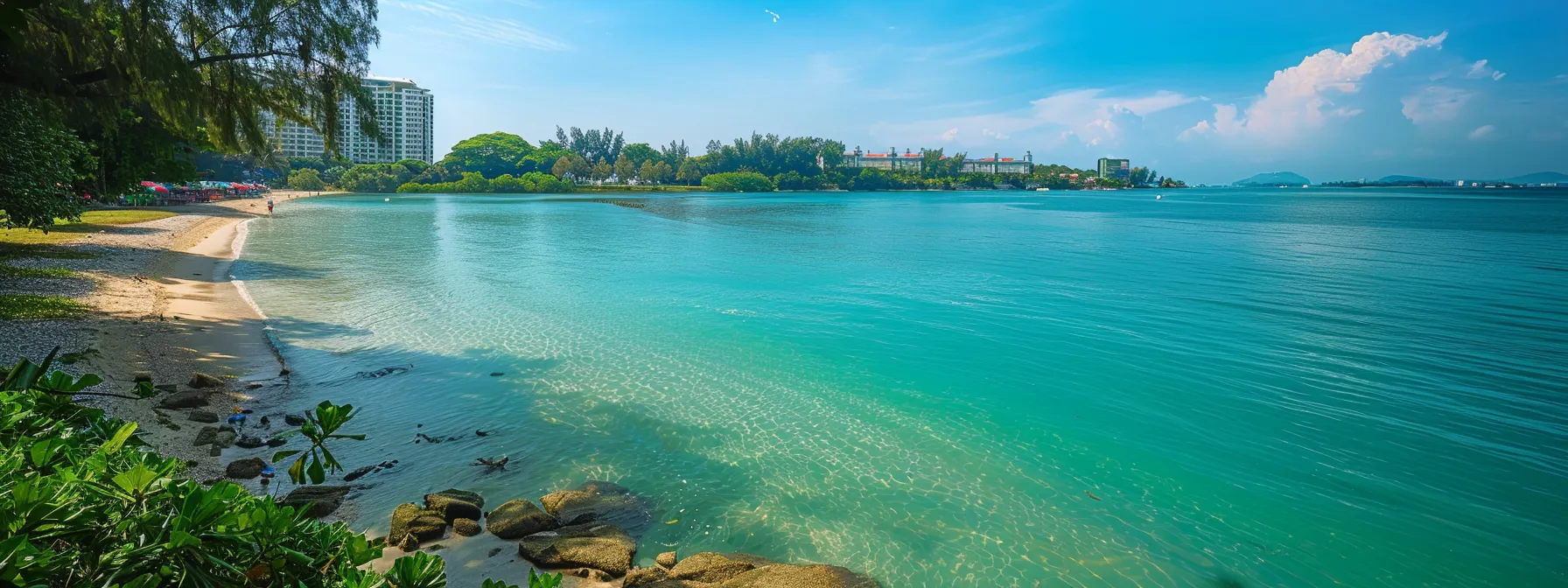 a serene beach with lush greenery and inviting blue waters, surrounded by bustling eateries and vibrant shopping areas in sembawang.