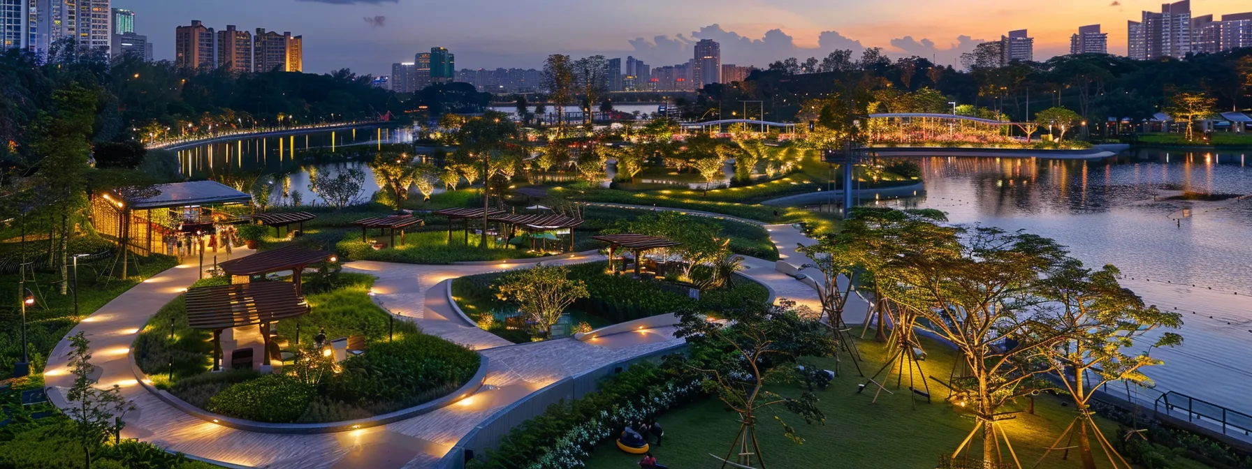 a serene park with lush greenery, a vibrant waterfront, bustling dining venues, and a colorful community event in progress, all within reach near punggol digital district.