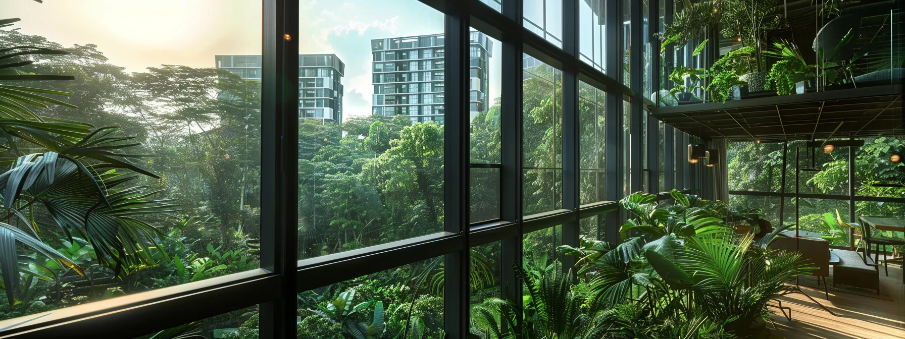 a sleek, contemporary sembawang condo with expansive windows overlooking lush greenery and state-of-the-art facilities.