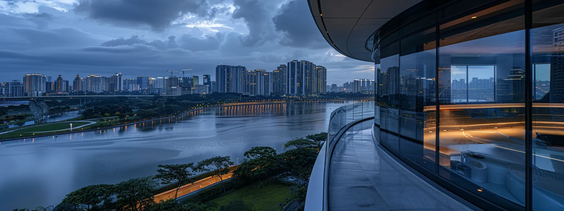 a sleek, futuristic condo interior with smart home features overlooking punggol waterway park, showcasing a seamless blend of urban innovation and natural beauty.