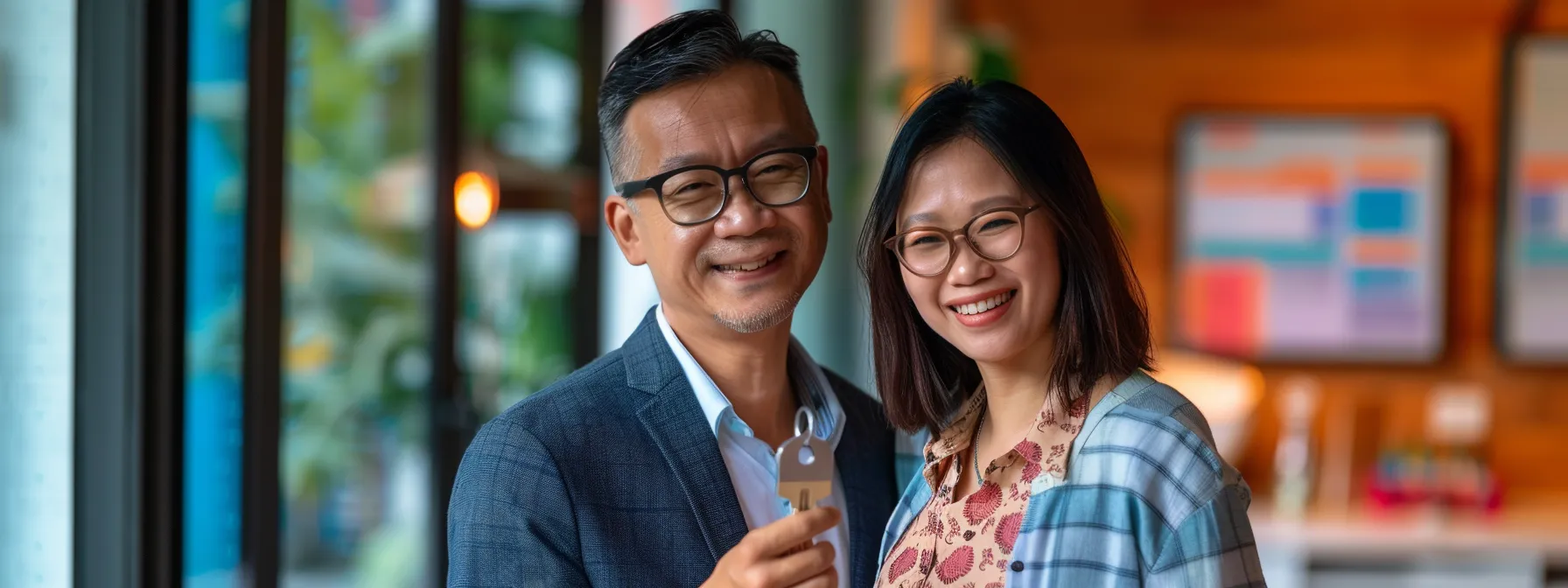 a smiling couple holding keys to their new executive condominium, surrounded by colorful charts showing cpf housing grants and benefits available to ec buyers in singapore.