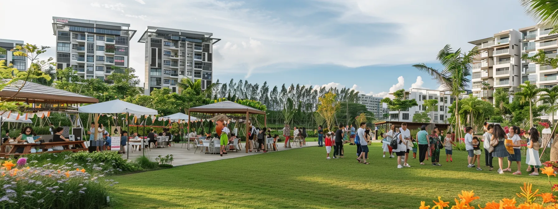 a vibrant community gathering in tampines executive condo, with families enjoying a lively event surrounded by greenery and modern amenities.