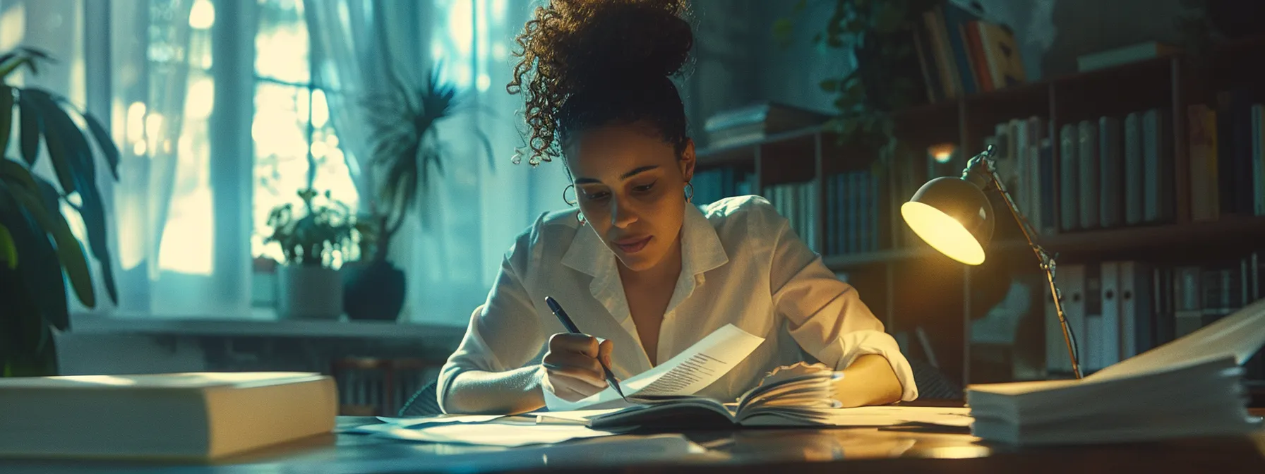 a woman confidently organizing documents and signing a sales and purchase agreement in a modern office setting.