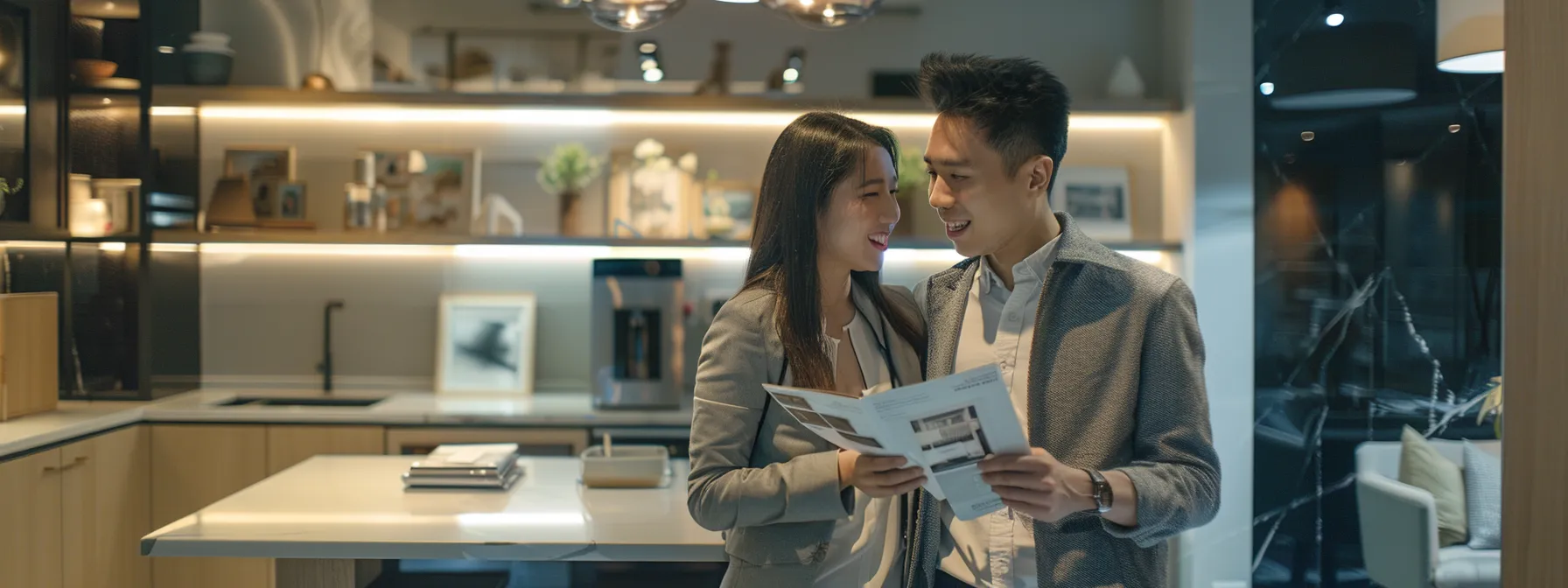 a young couple happily browsing through brochures in a sleek, modern real estate showroom, discussing income ceilings and grants for an executive condo.