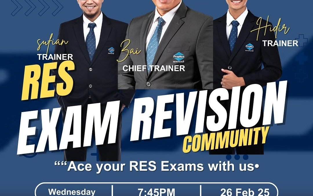 Three professional trainers, Sufian, Bai (Chief Trainer), and Hidir, promoting the RES Exam Revision Community, with text encouraging users to ace their RES exams, featuring event details and branding from PropNex.