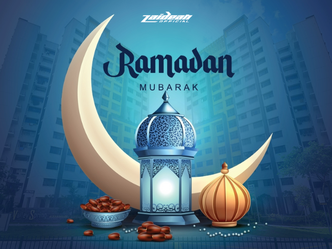 Ramadan Mubarak graphic featuring a crescent moon, decorative lantern, and traditional elements, set against a backdrop of HDB flats, symbolizing community and celebration during Ramadan in Singapore.