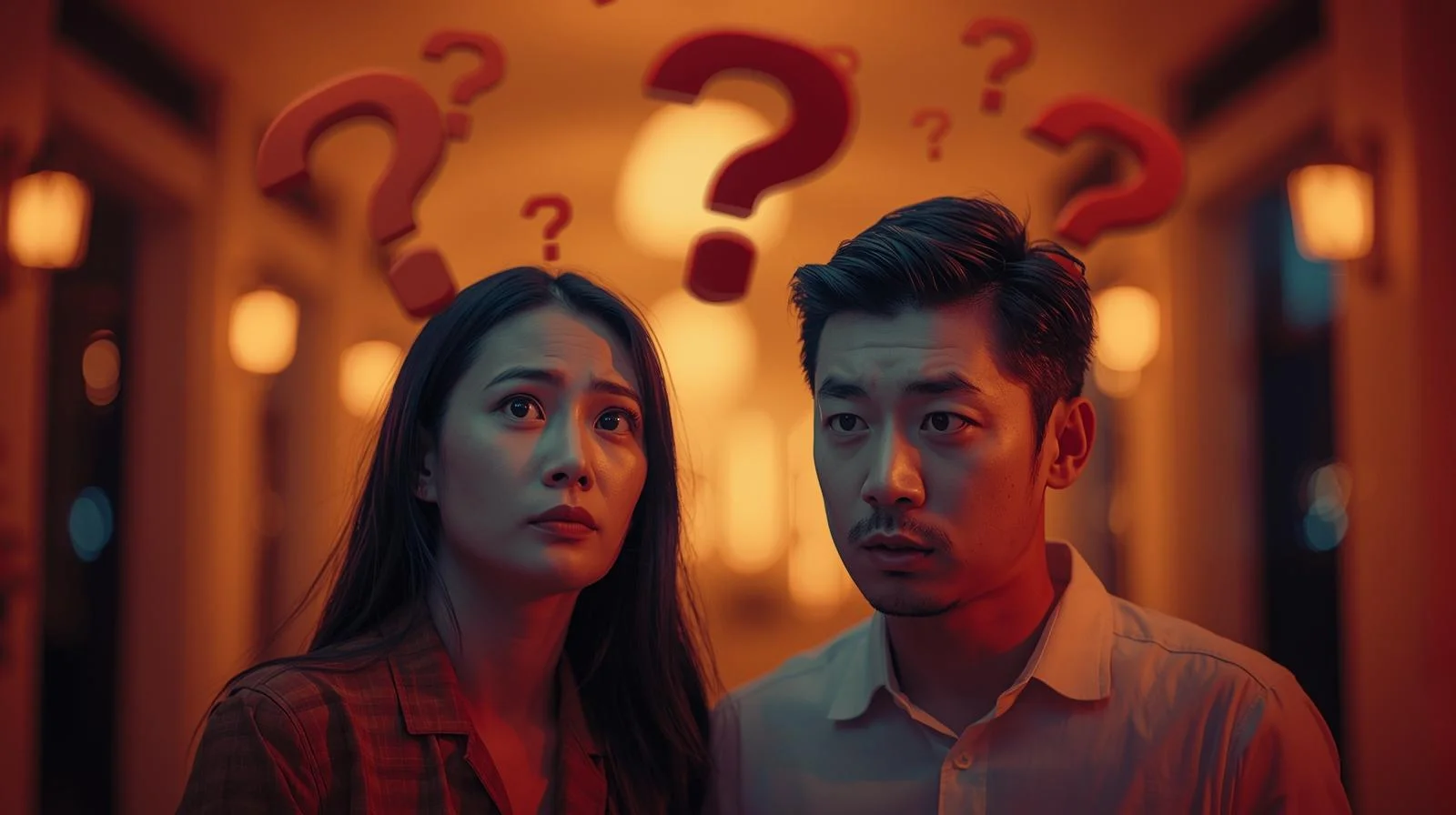Couple looking confused with question marks overhead, symbolizing uncertainty in buying a home without a real estate agent.