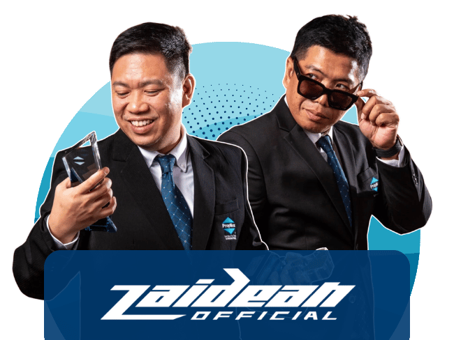 Agent from Zaidean showcasing professionalism and expertise in real estate, holding a smartphone and wearing sunglasses, with Zaidean branding prominently displayed.